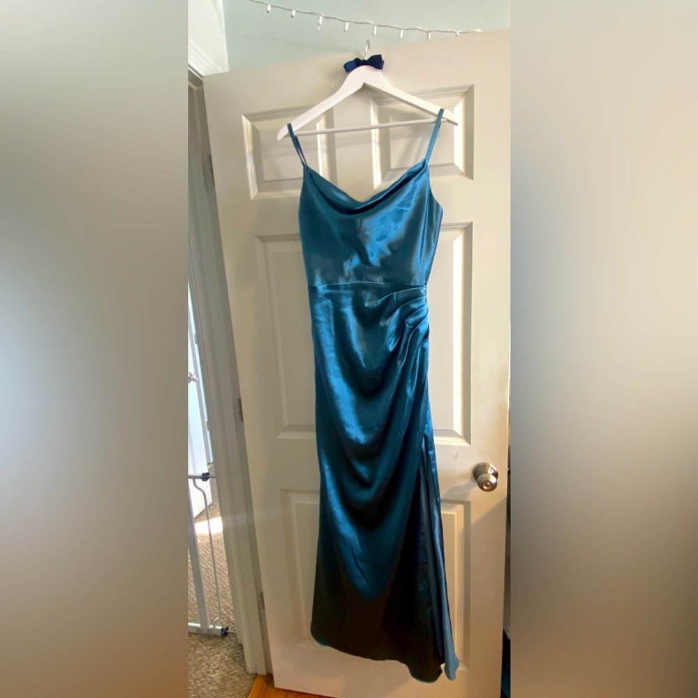 A-line Cowl Floor-Length Stretch Satin Dress - French Blue